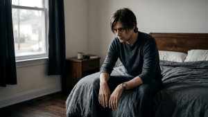 Man in his 40s sitting on bed in early morning light, recovering slowly after physical effort