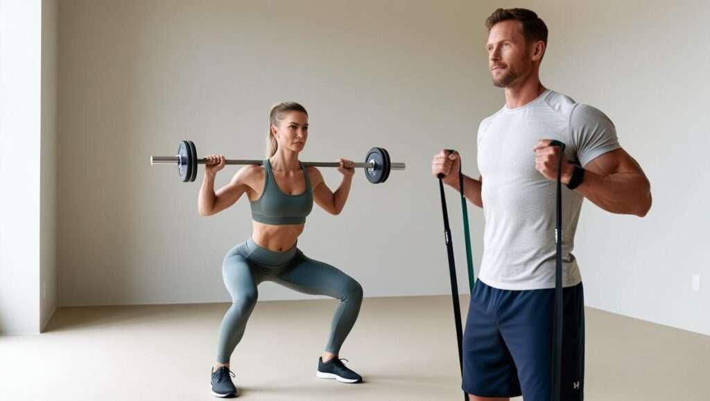 A man and woman in a gym doing simple strength training, promoting a balanced and realistic approach to fitness and health.