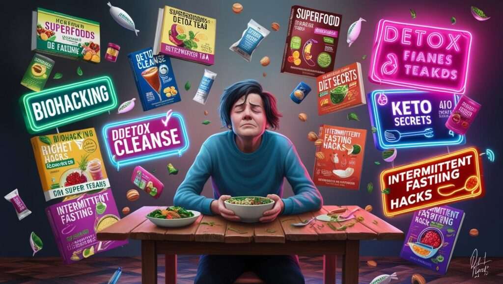 A frustrated person surrounded by exaggerated health trend advertisements, symbolizing the confusion and misinformation in the wellness industry.