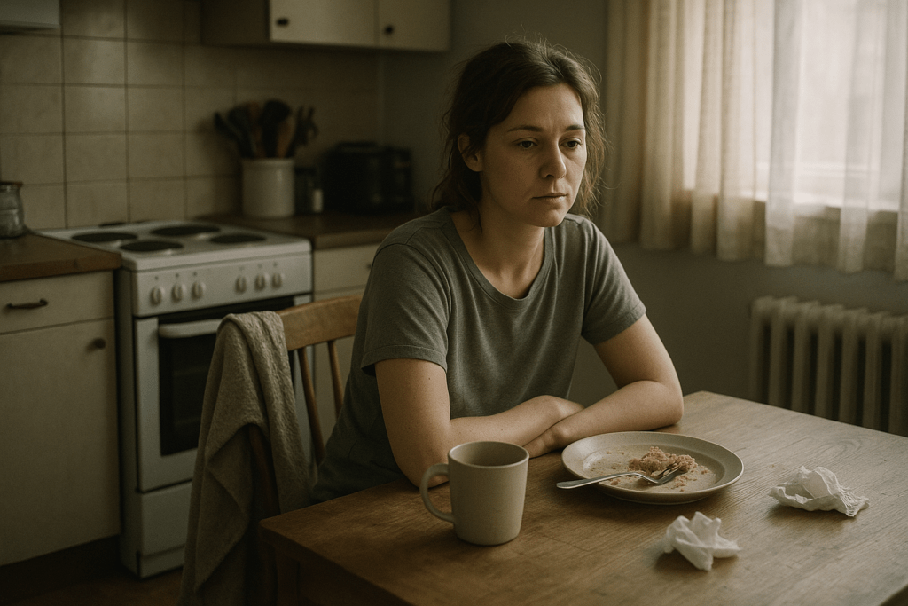 Woman sitting alone at a kitchen table, visibly tired but composed, surrounded by everyday clutter—a mug, a plate, and a laptop. The scene is softly lit and emotionally grounded, reflecting quiet resilience and survival during burnout.