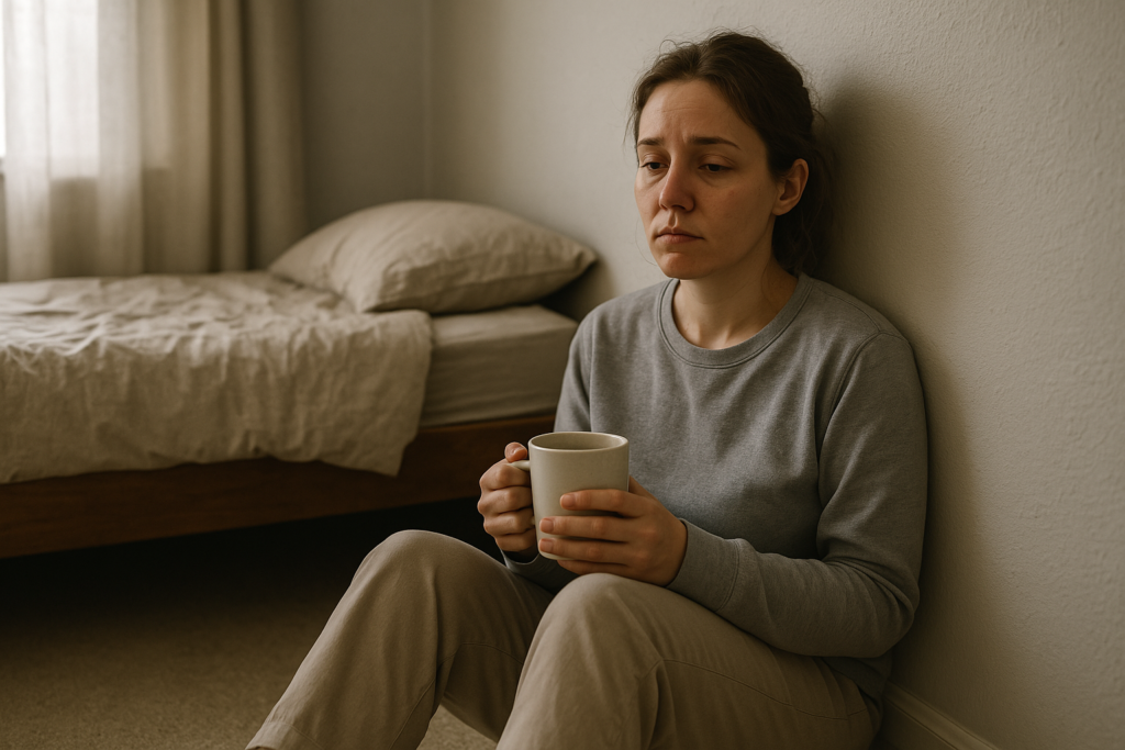 Exhausted person in quiet survival mode, sitting on the floor, emotionally drained and physically worn out.