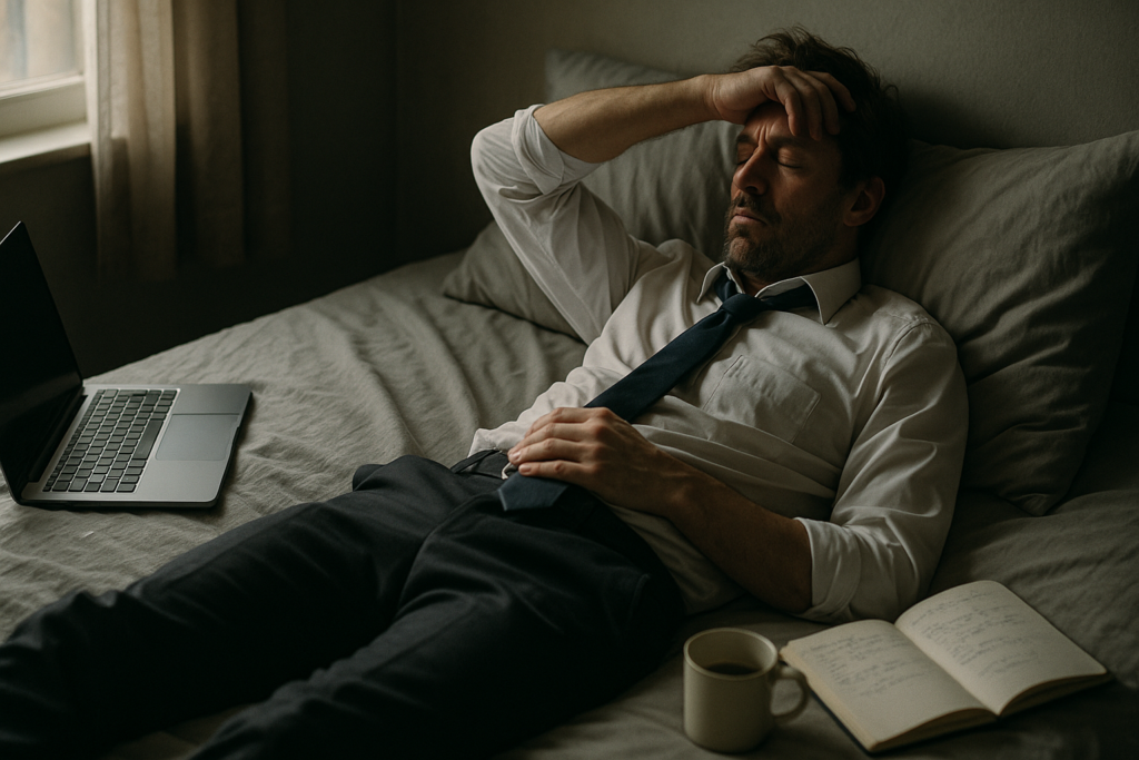 Exhausted person in work clothes resting on bed after prolonged sleep deprivation and burnout. Sleep Debt and wellness are linked.