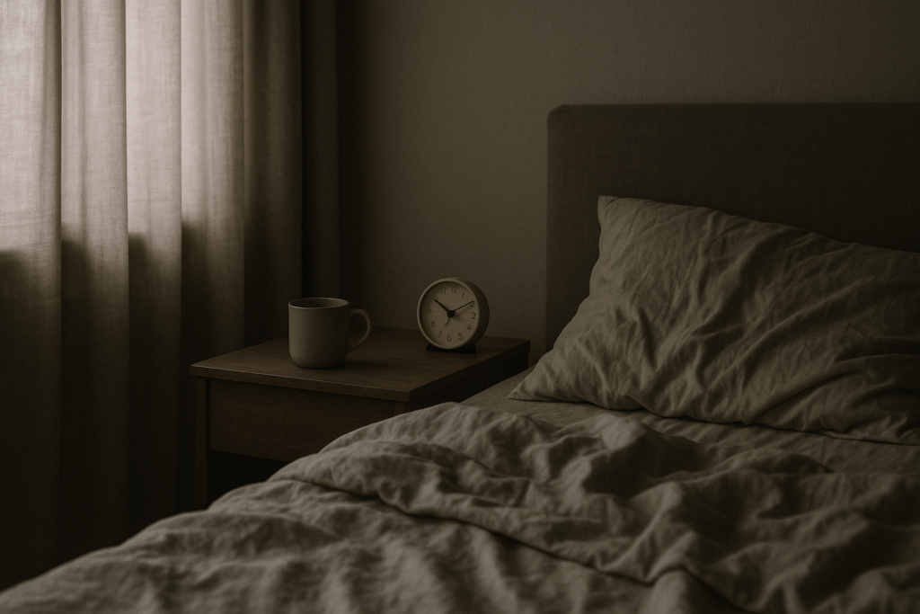 A quiet morning scene with a coffee mug, alarm clock, and a slightly unmade bed—capturing the mood of fatigue and recovery.