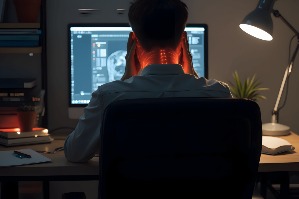 Photorealistic remote worker showing signs of migraine and posture stress under screen glare.
