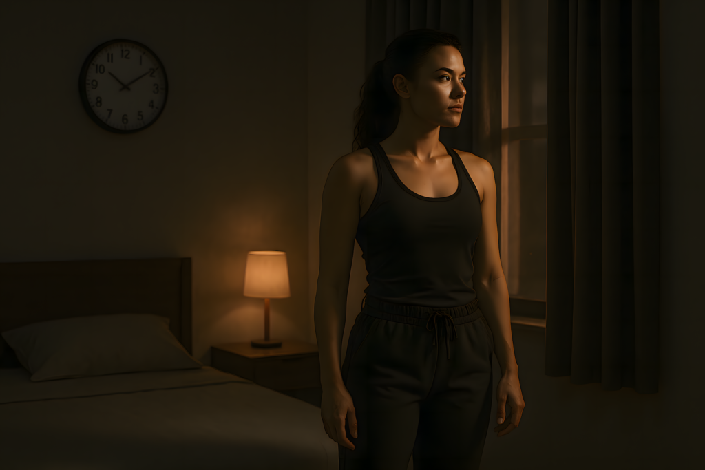 Confident woman in a minimalist bedroom preparing for sleep recovery with soft lighting and blackout curtains