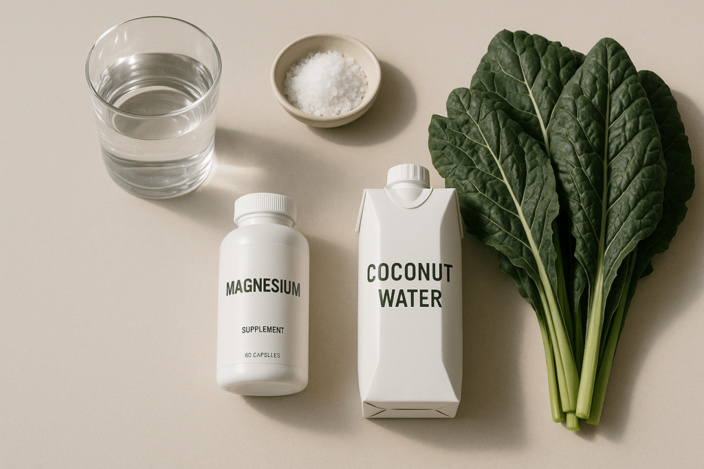 Electrolyte support essentials: sea salt, magnesium, coconut water, and greens on a work desk