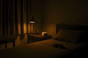 Night recovery bedroom with blackout curtains, warm lighting, and white noise machine