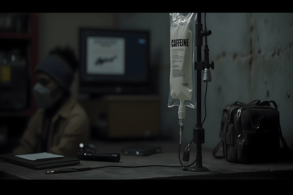 Caffeine IV drip setup in a tactical workspace — survival energy system for the chronically overloaded
