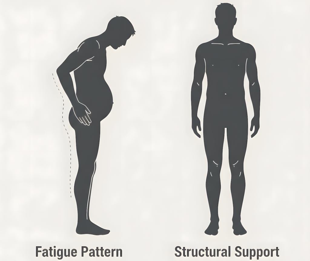 Diagram comparing collapsed posture from fatigue versus proper structural alignment for men over 40