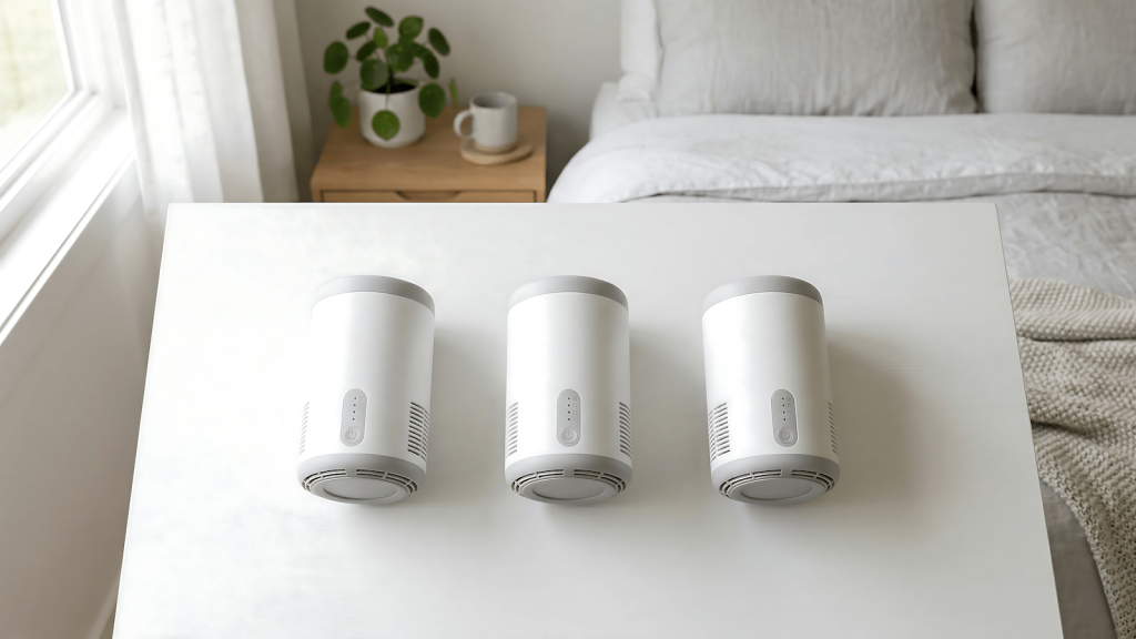 Three compact HEPA air purifiers arranged on a white surface for bedroom use comparison
