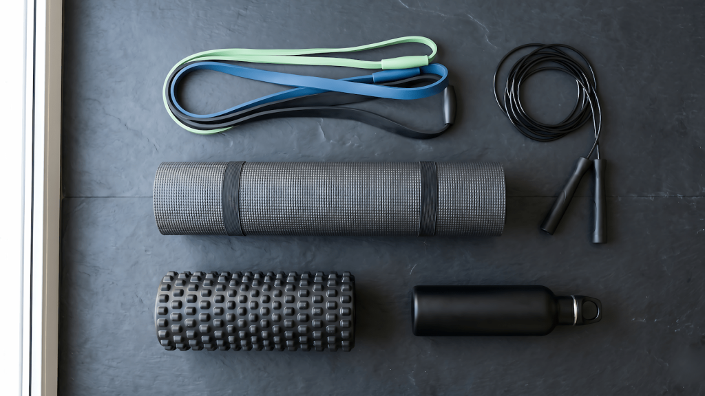 Budget fitness gear for home laid out on a dark surface including resistance bands, foam roller, and yoga mat