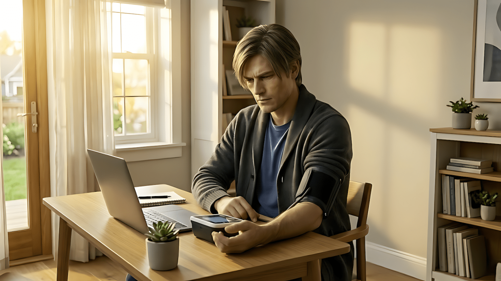A man over 40 taking blood pressure reading at home as part of managing hypertension after 40
