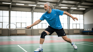 Man over 40 playing badminton with a lightweight beginner racket and knee compression sleeve