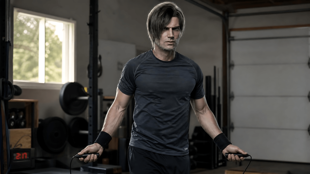 Man over 40 doing a jump rope workout at home for low impact cardio