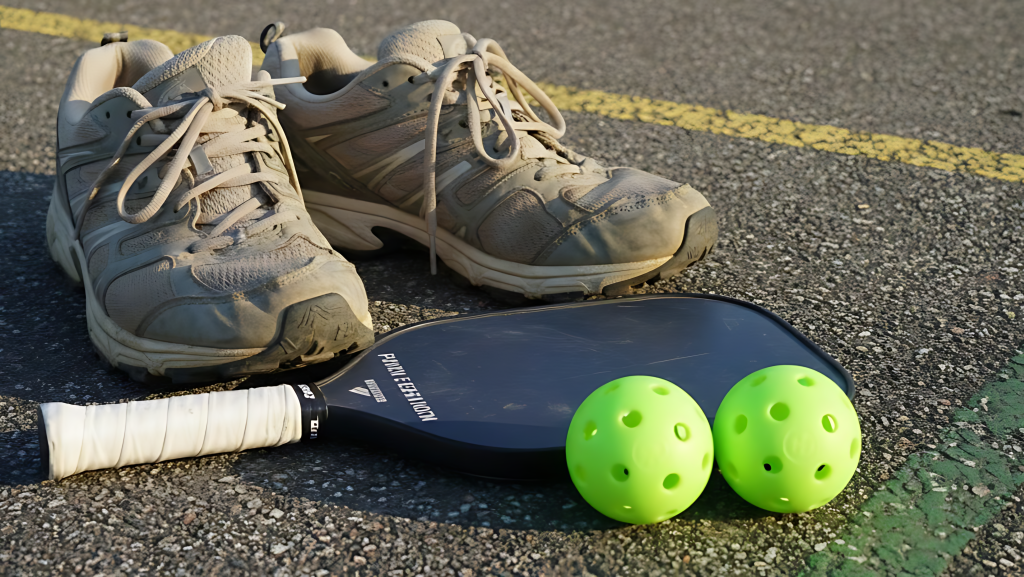 Trail shoes, a pickleball paddle, and pickleballs on a court, showing the gap between everyday gear and proper pickleball equipment.