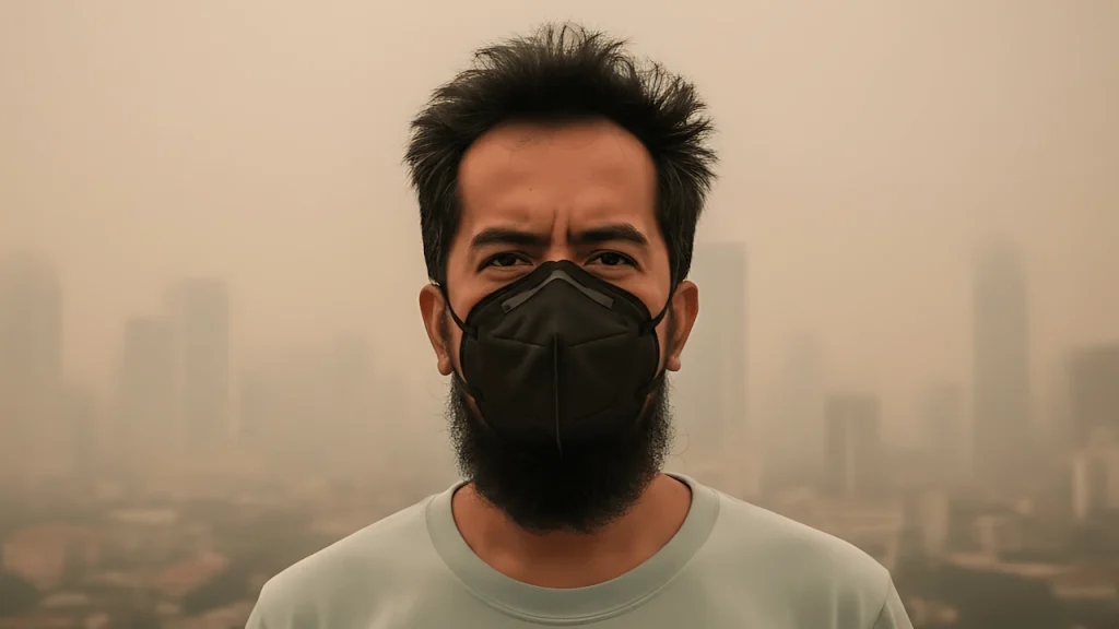 Person wearing an N95 mask outdoors in Metro Manila during transboundary haze with hazy skyline in the background