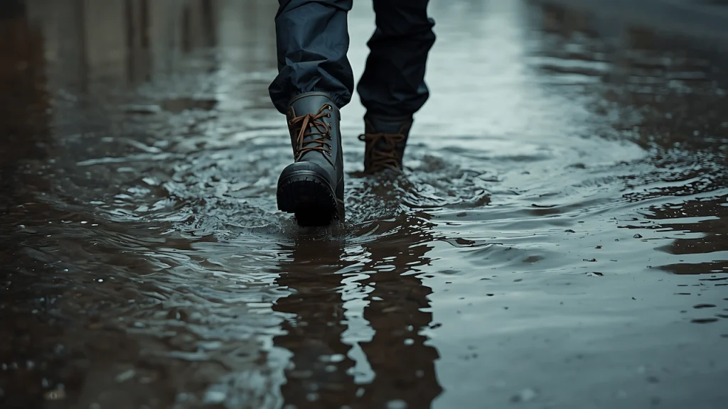 Person wearing waterproof boots and leg coverage wading through knee-deep flood survival gear setup on an urban flooded street