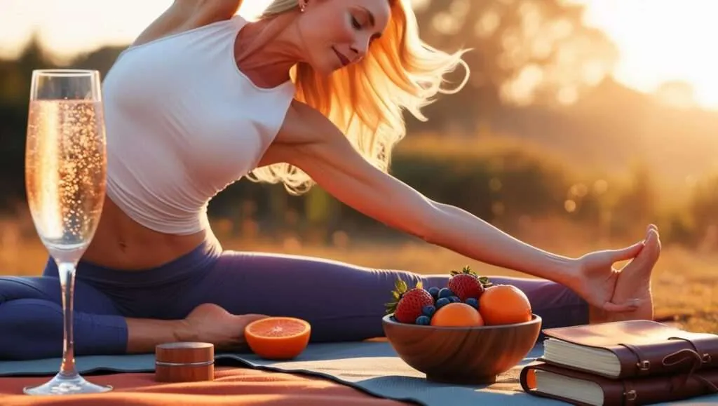 A person stretching outdoors at sunrise with a focus on recovery, hydration, and healthy habits.