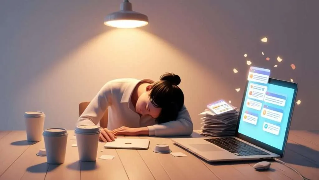 Illustration of a person dealing with burnout, surrounded by stress indicators, with a focus on recovery through lifestyle changes.
