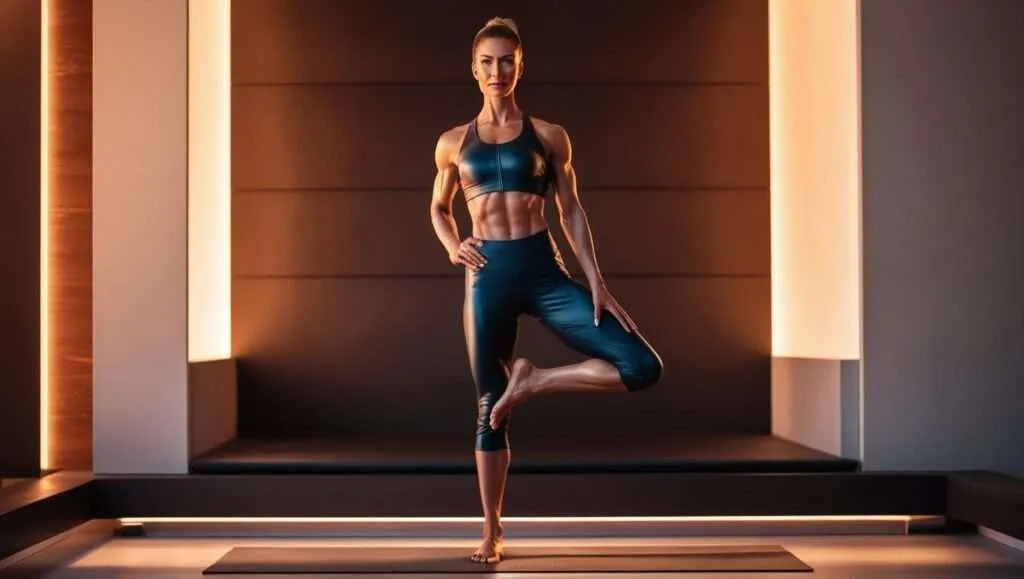 Confident fit woman standing in an empowering wellness pose, promoting strength and vitality.