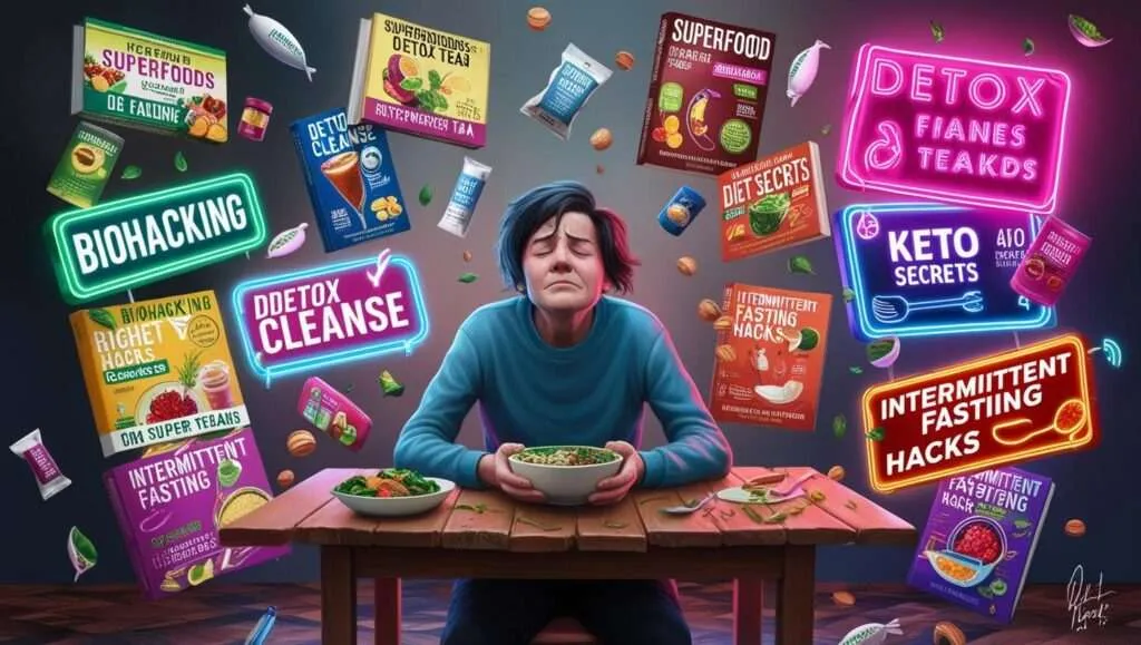 A frustrated person surrounded by exaggerated health trend advertisements, symbolizing the confusion and misinformation in the wellness industry.